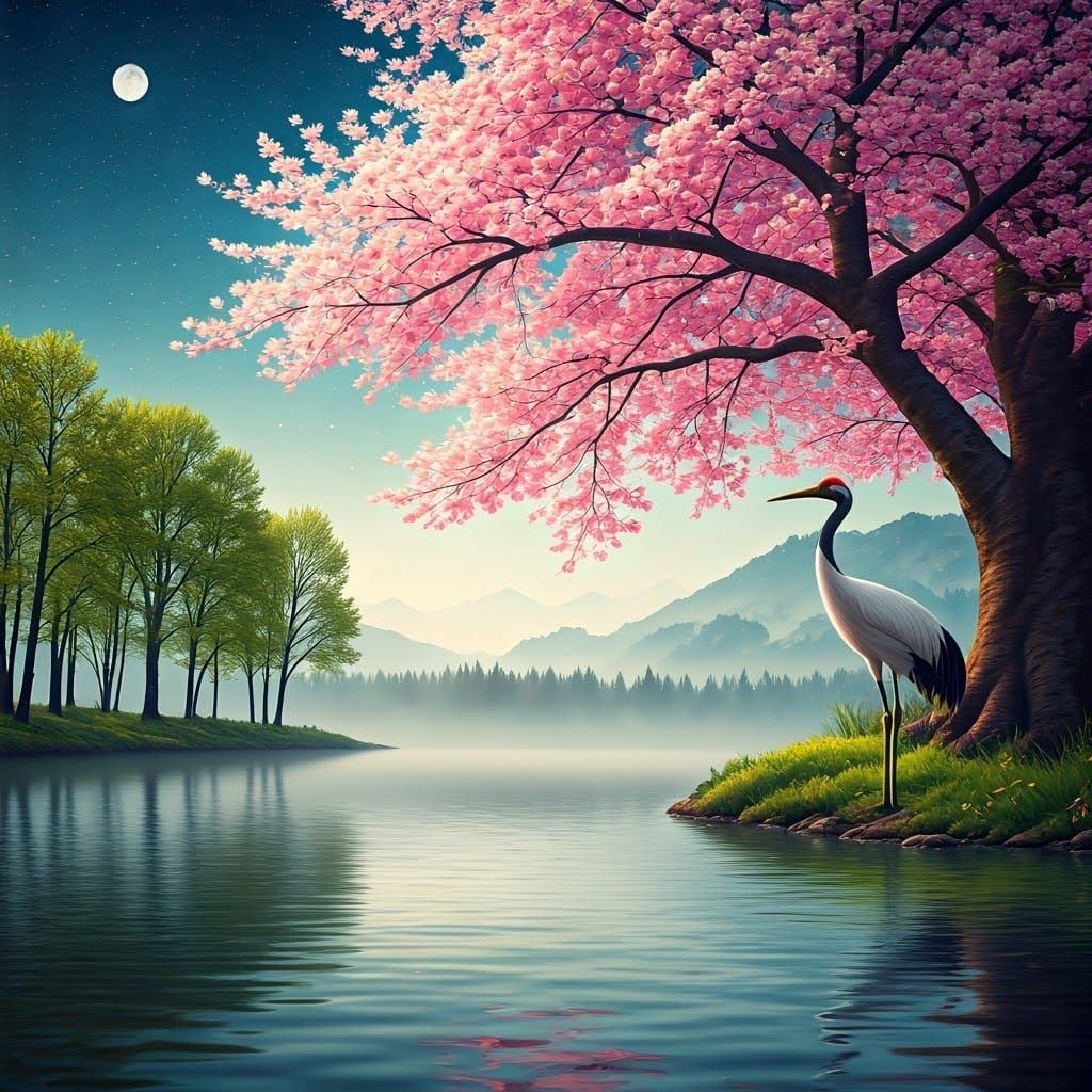 Crane Under Cherry Blossoms: Vintage Watercolor Painting