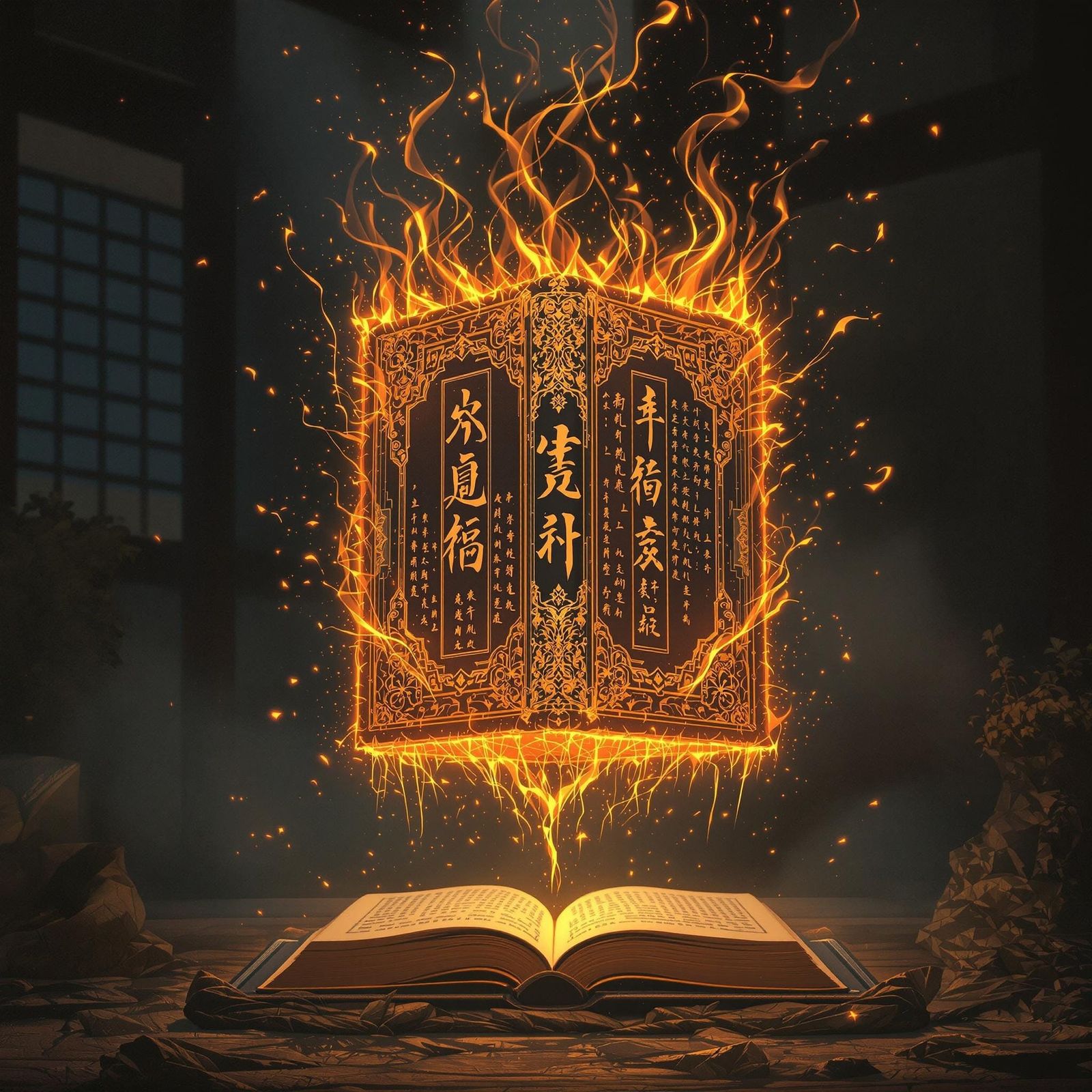 Flaming Tome in Japanese Study, Dreamlike Ambiance