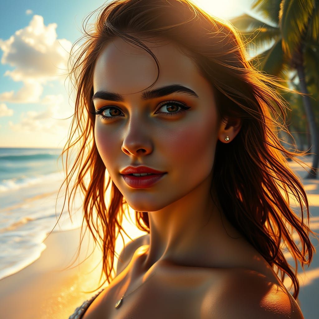 Confident Goddess Radiates Serenity on Tropical Beach