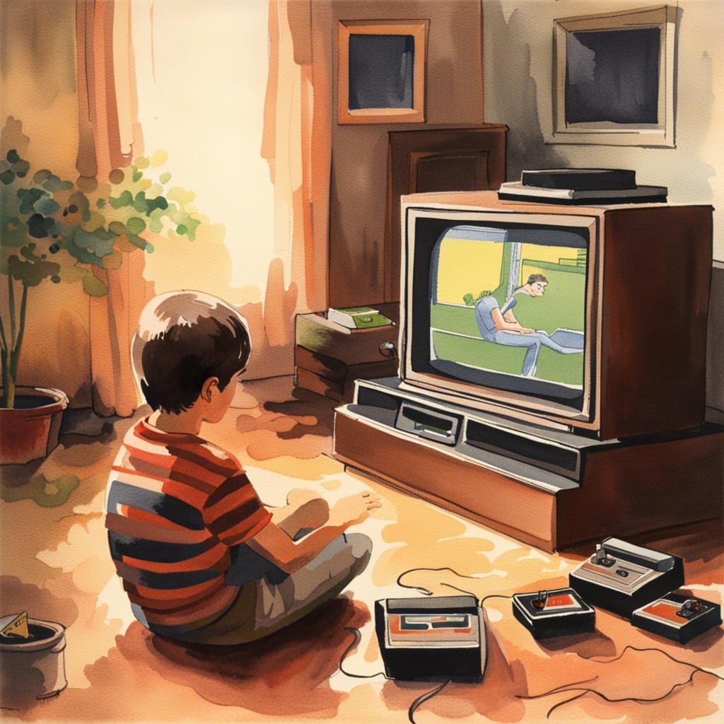 Boy Playing Atari 2600: 1980s Watercolor Photo
