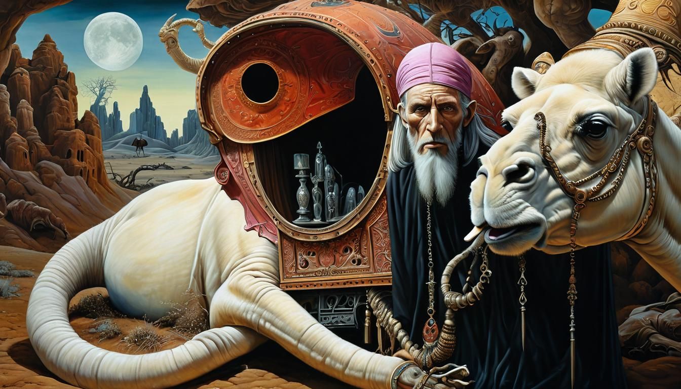 Camel-Drawn Hearse in Surreal Fantasy Landscape