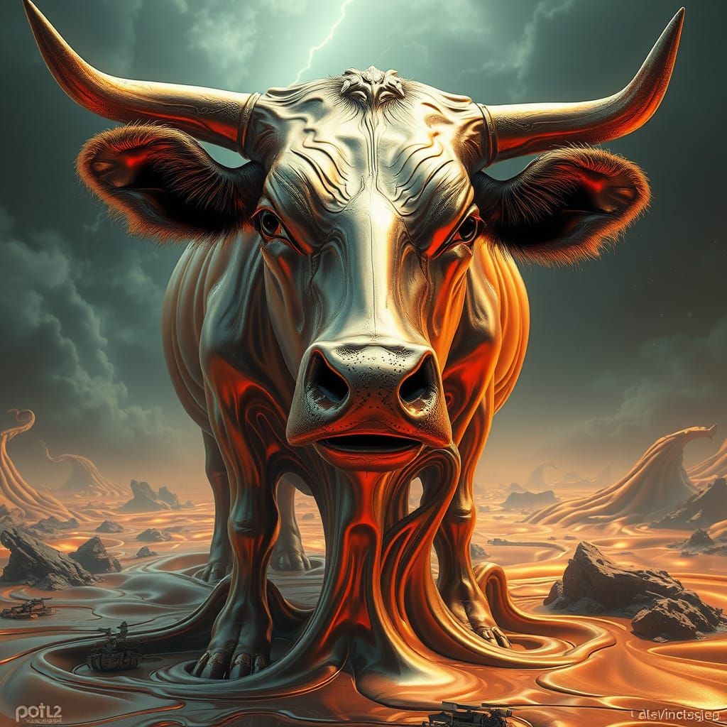 Surreal Liquid Metal Cow in Futuristic Dreamscape