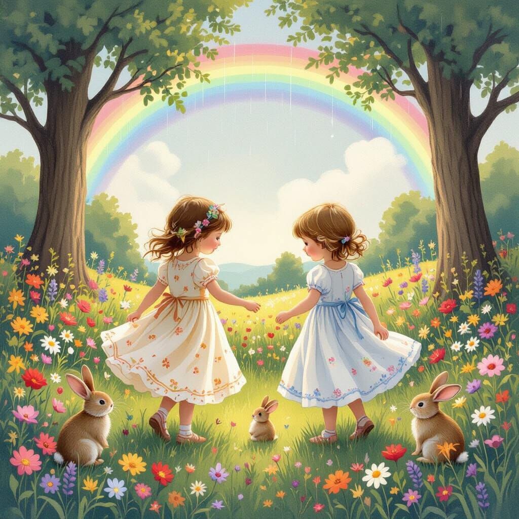 Girls Twirling in Garden, Whimsical Illustration