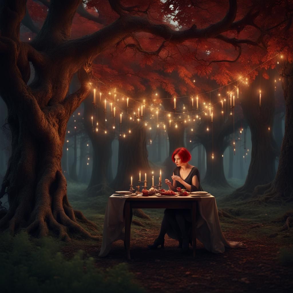 Solitary Forest Dinner in Digital Painting Style