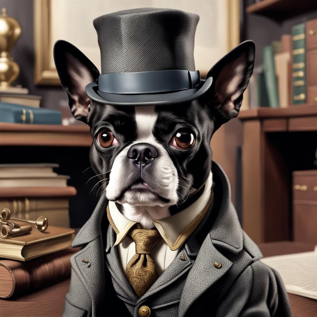 Sherlock Holmes as a Boston Terrier solving a crime