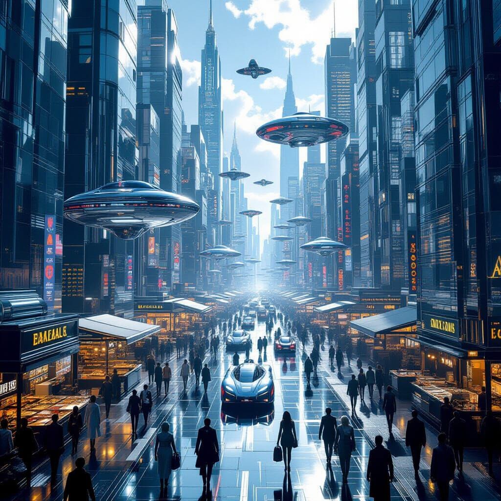 Futuristic Chrome City Marketplace with Flying Vehicles
