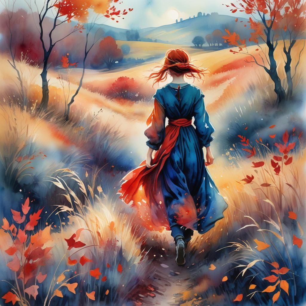 Ethereal Autumn Landscape: Demeter in Watercolor Style