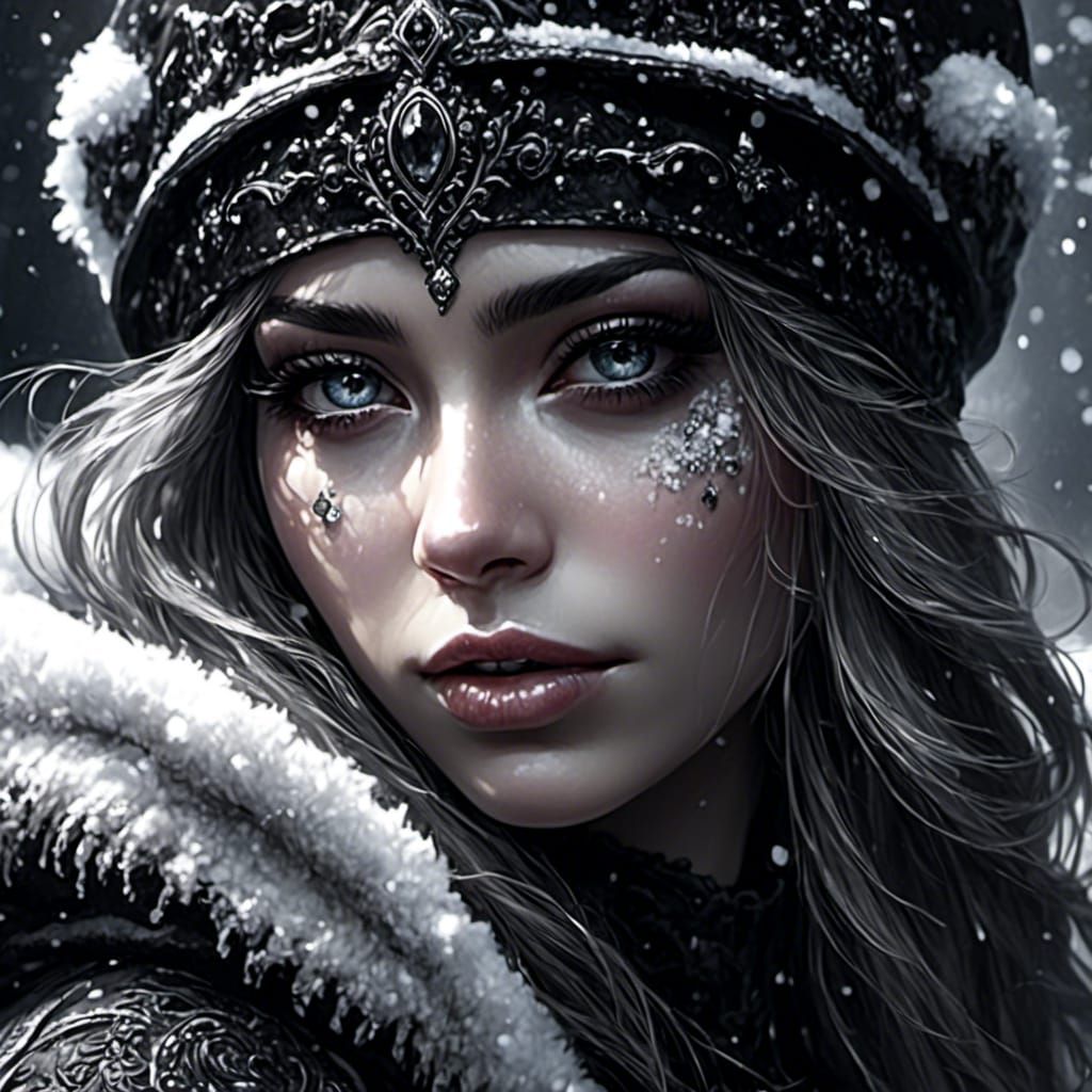 Monochrome Portrait of Woman in Beanie on Snow