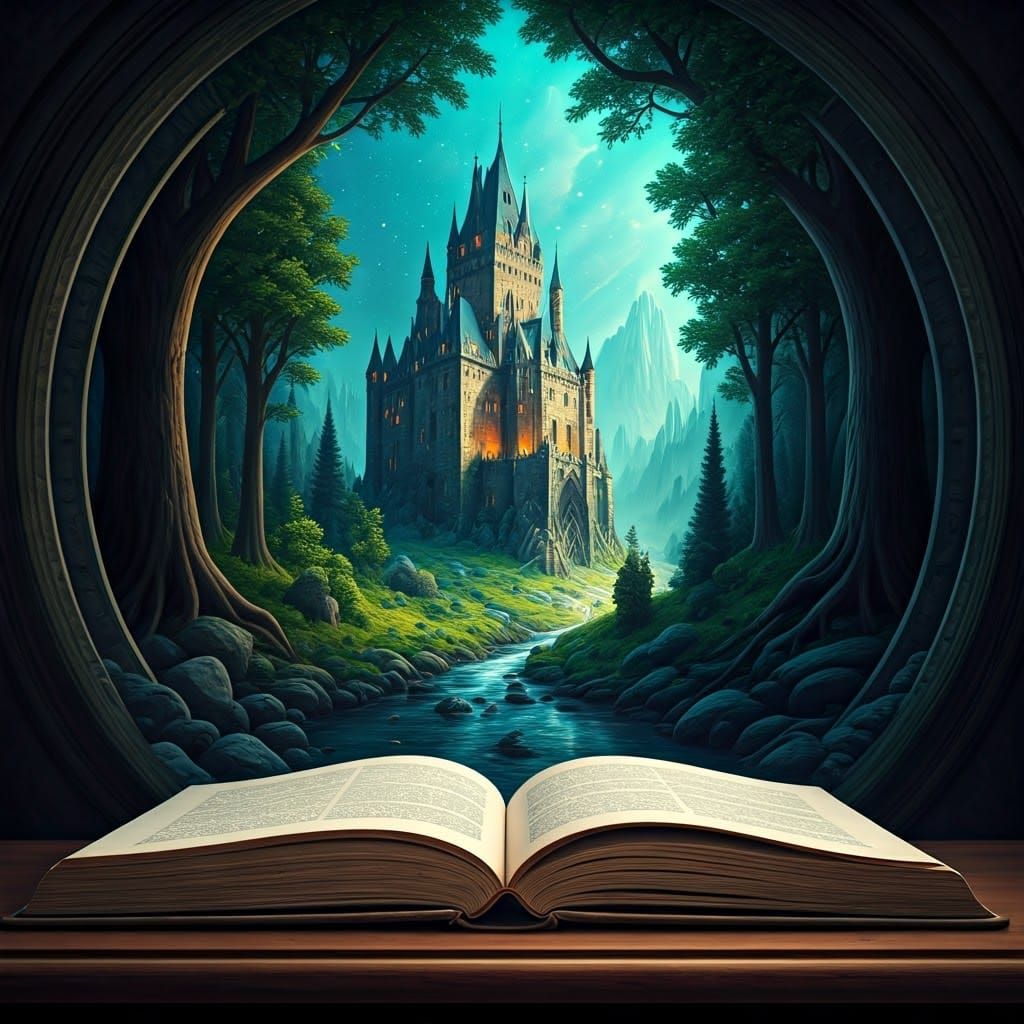 Dreamlike Castle Unfolds from Ancient Book on Table in Cosmi...