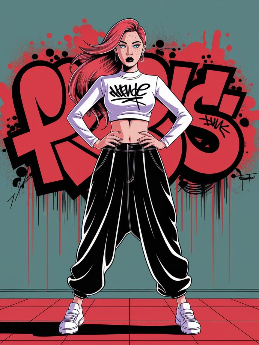 Confident Woman in Manga Style with Graffiti Backdrop