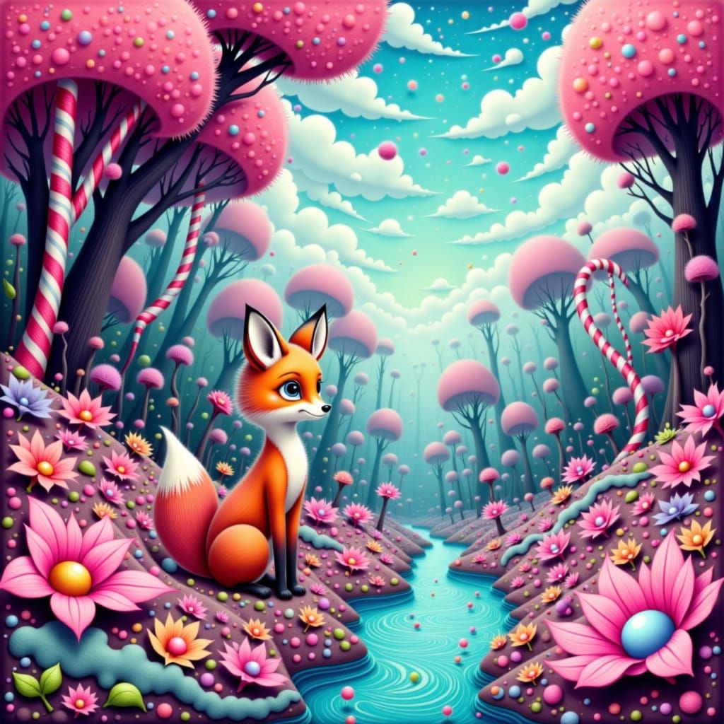 Fox Explores Candy Forest in Splash Art Style