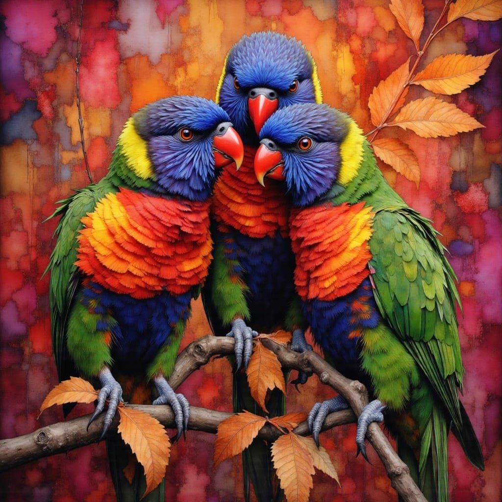 Rainbow Lorikeets on Gumtree Branch: Neurographic Art