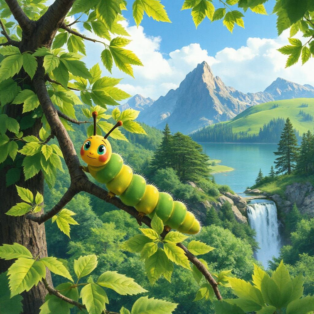 Animated Caterpillar's Forest Paradise in Watercolor Style