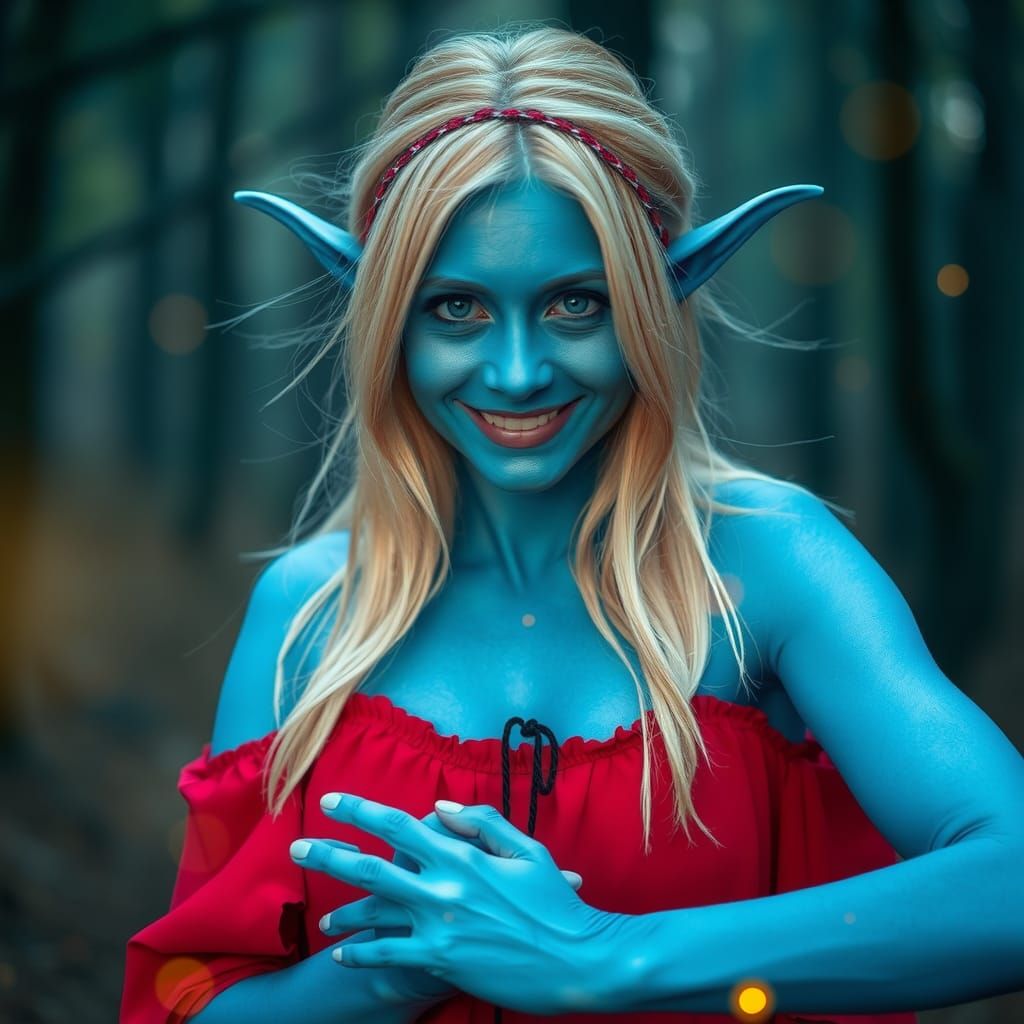 Blue-Skinned Woman Dancing in Misty Forest