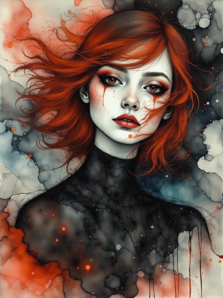 Melancholic Gothic Woman Portrait in Neon Grunge Style