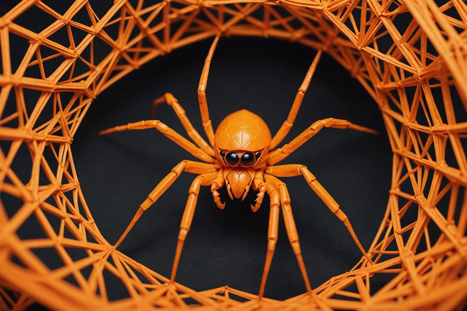 Intense Orange Origami Spider on Web