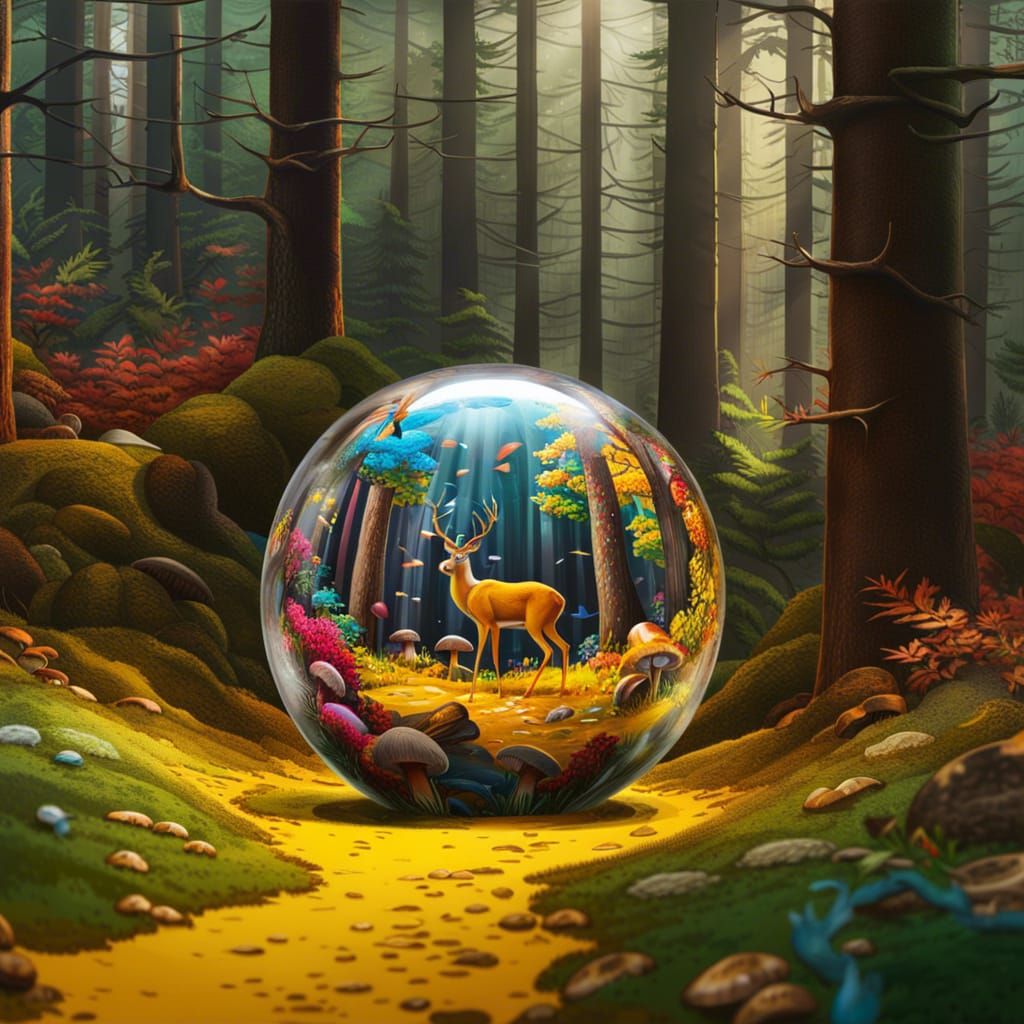 Glass Sphere in Mushroom Forest: Hyperrealistic Splash Art