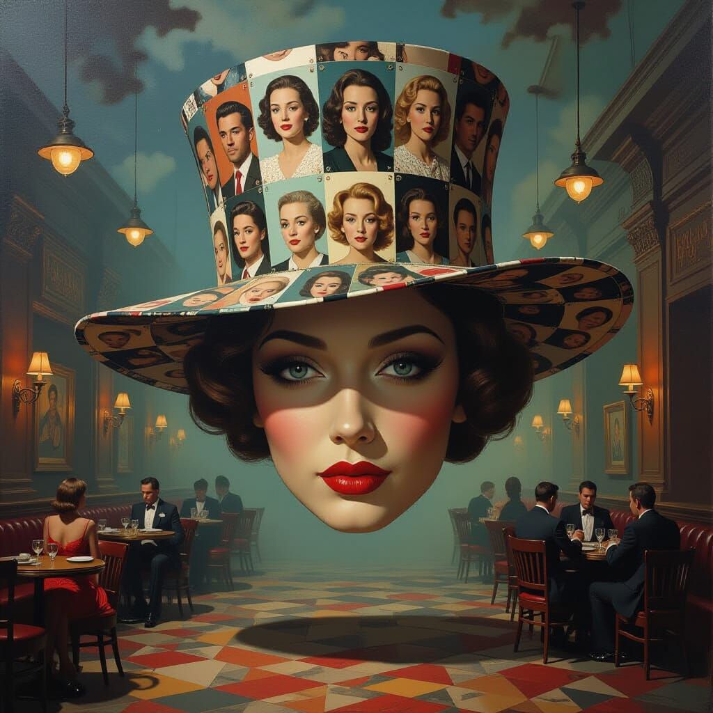 Surreal Hat of Faces Floats in Atmospheric Bar