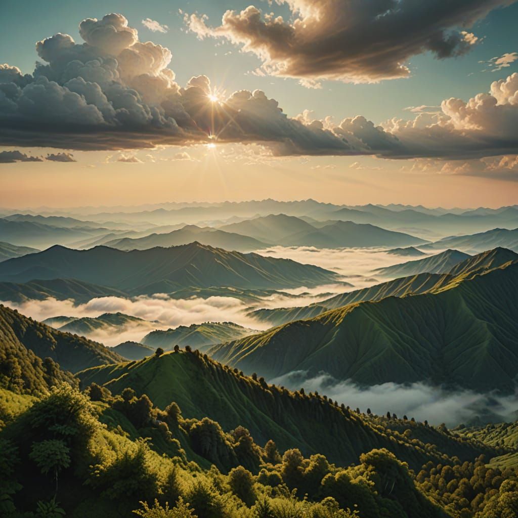 Mountain Range Above Clouds in Oil Painting Style