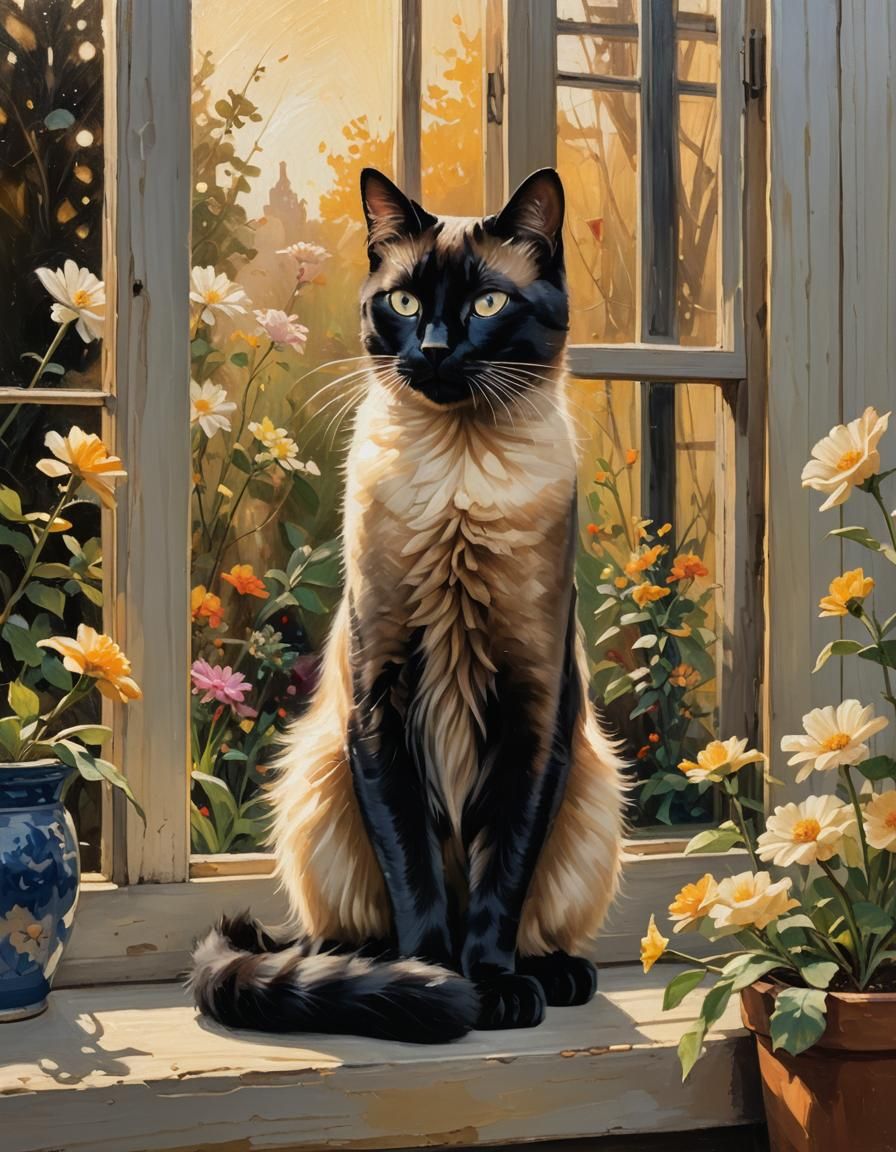 Whimsical Siamese Cat in Golden Light Oil Painting