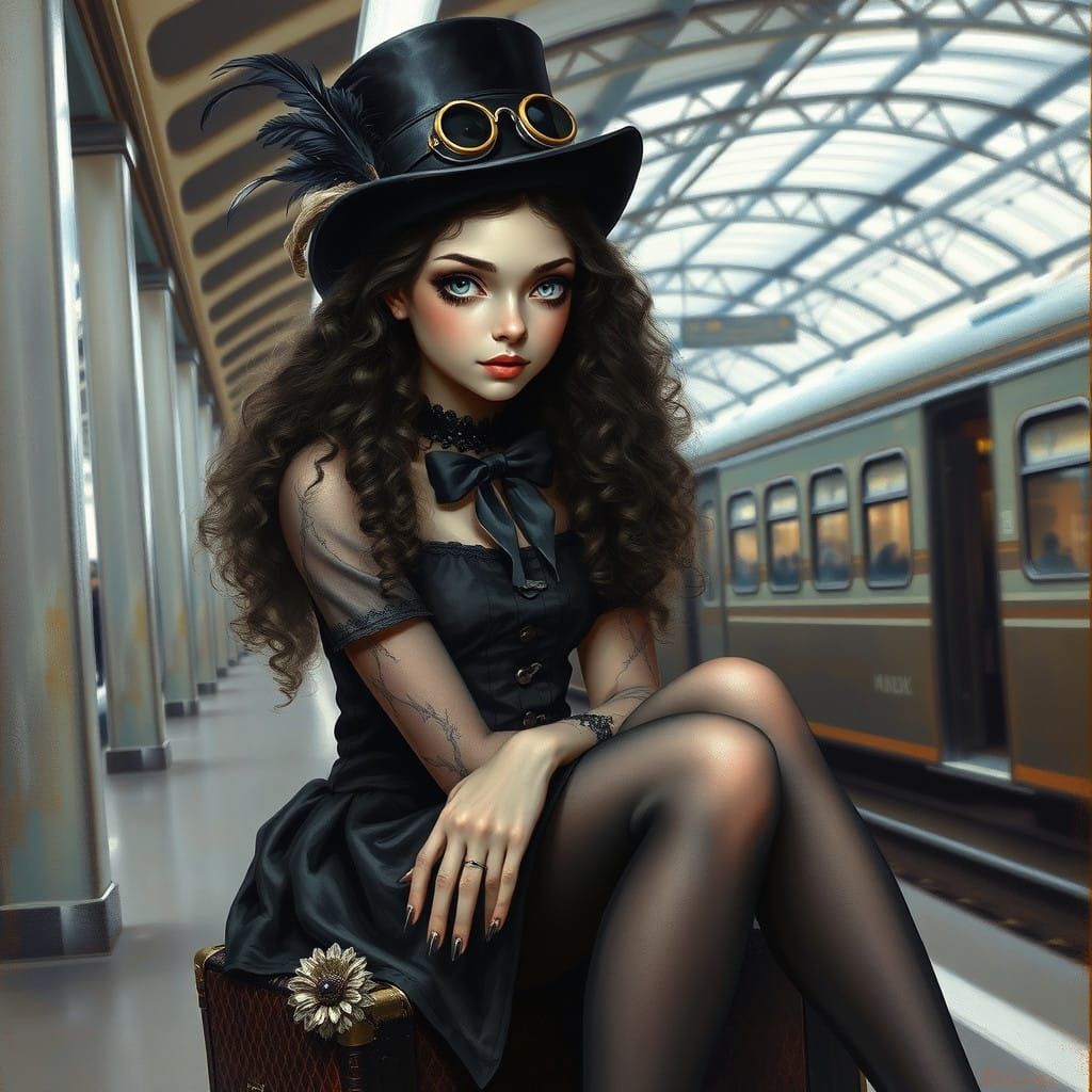 Steampunk Goth Girl in Train Station