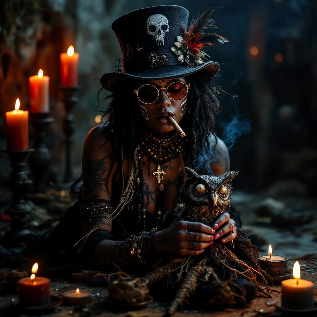 Gothic Haitian Voodoo Priestess in Smoky Witch's Lodge