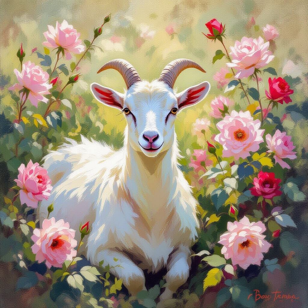 Goat Surrounded by Roses in Impressionist Style