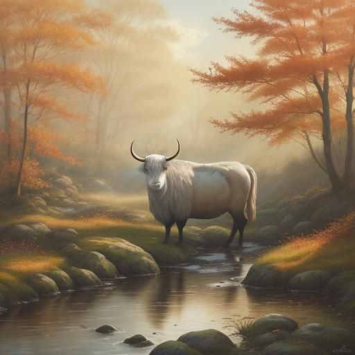 Heilan Coo in Autumn Leaves Watercolor Painting