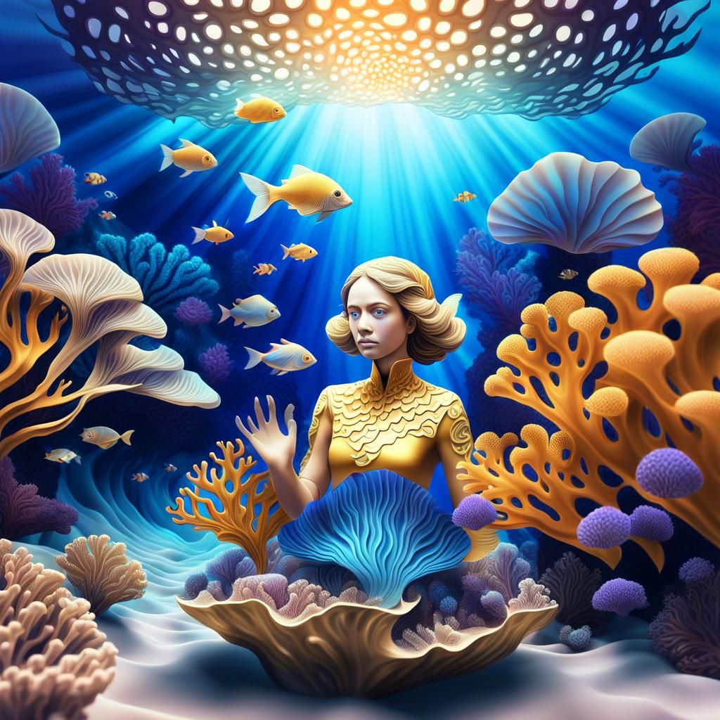 Abstract Fractal Coral Reef with Luminous Fish