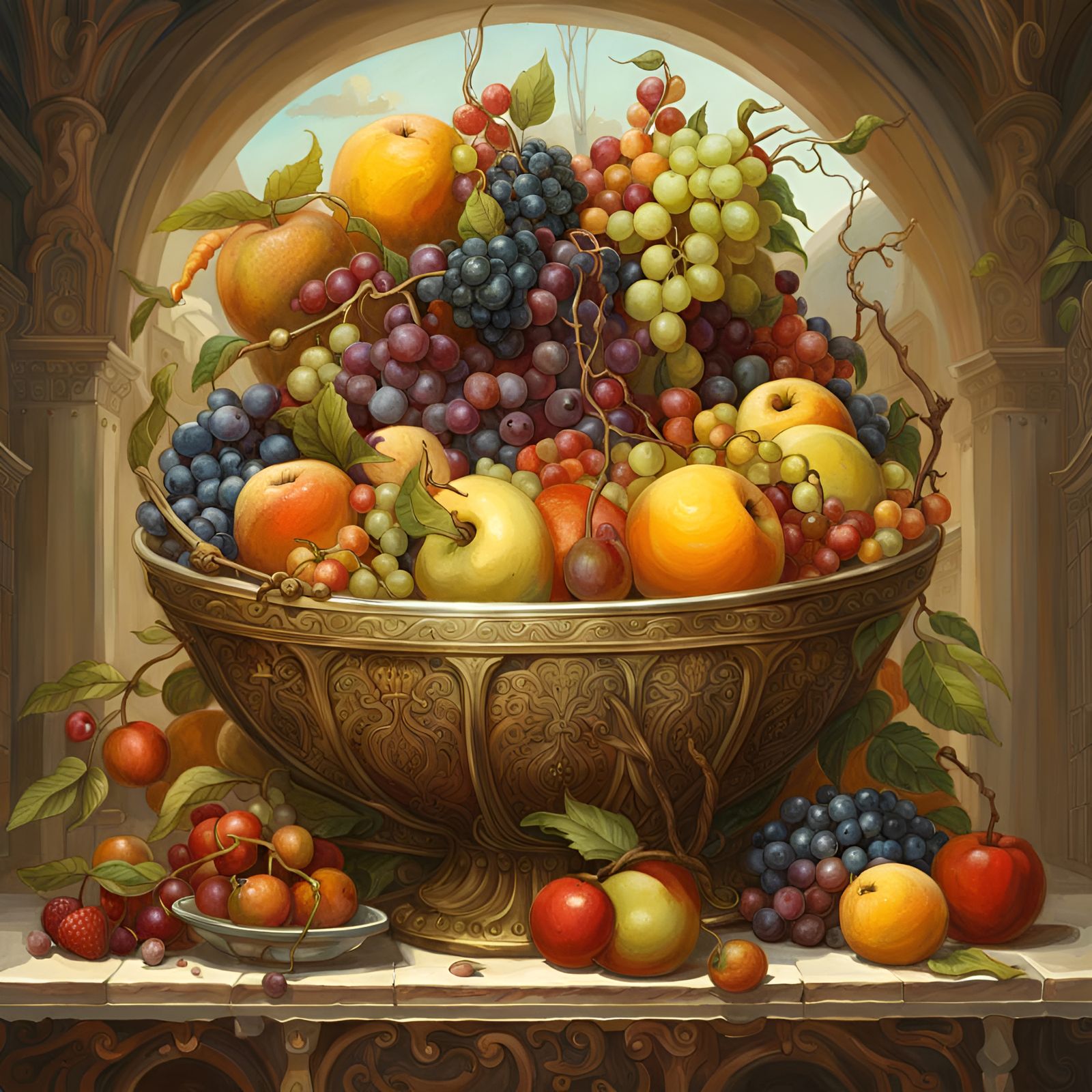 Medieval Fruit Bowl: Highly Detailed Illustration