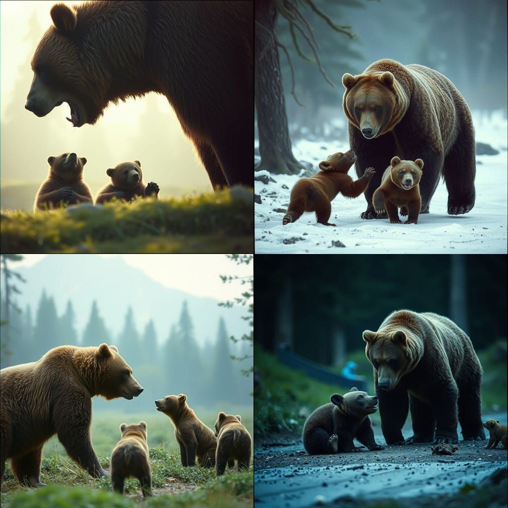 Grizzly Bears Protecting Cubs: A Cinematic Film Still