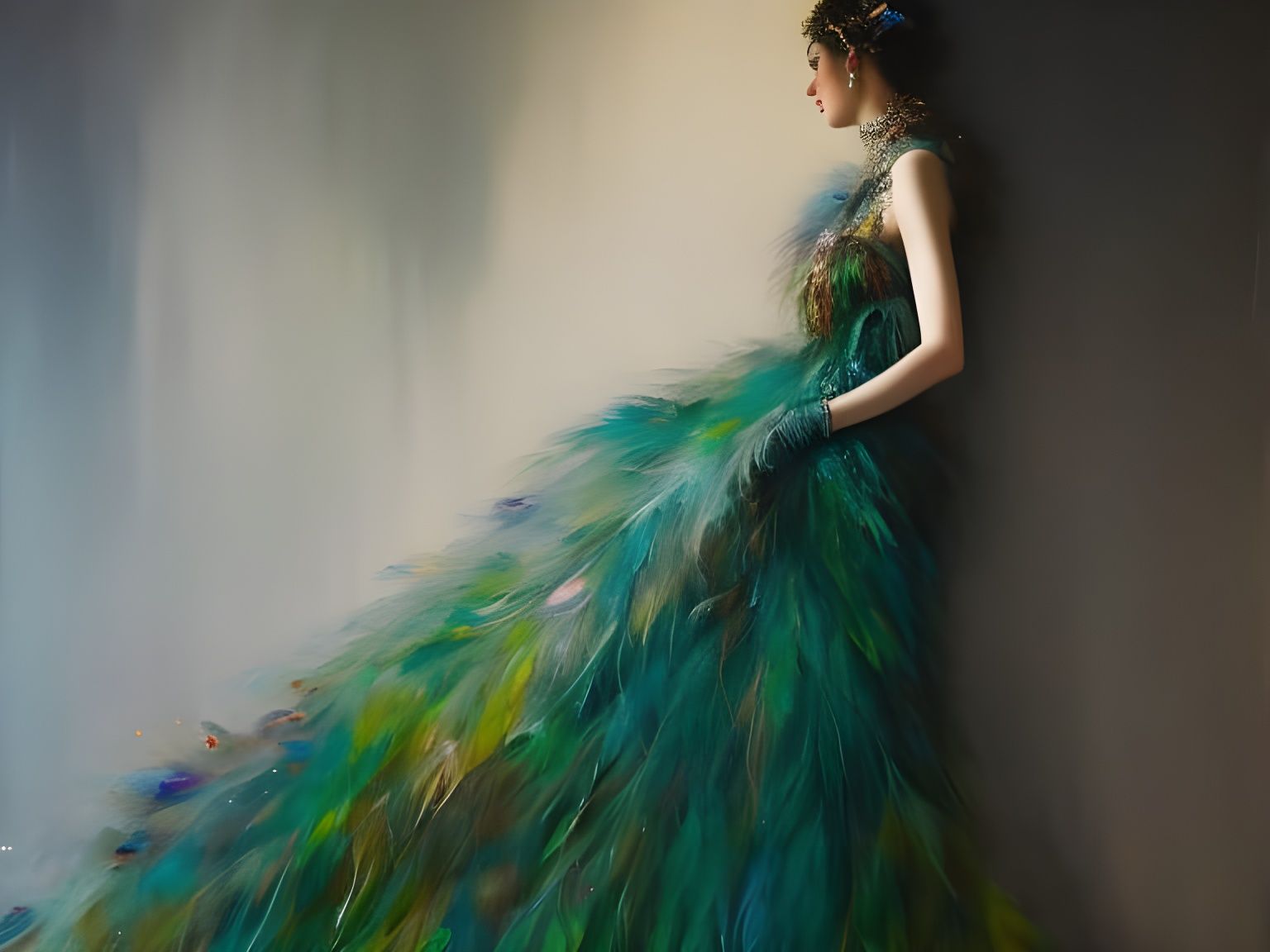 Ethereal Woman in Peacock Gown: Goth Art Style