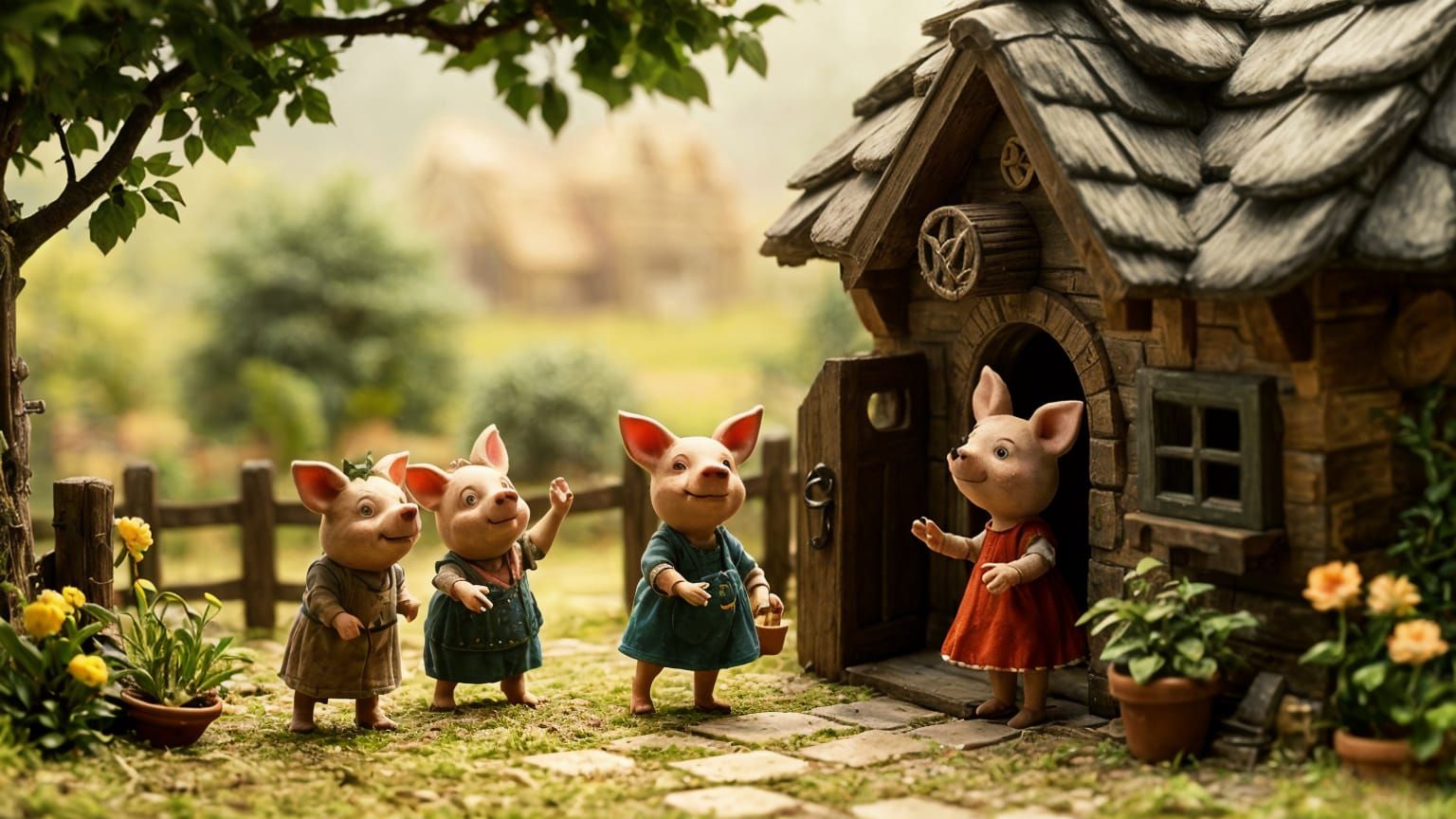 Three Little Pigs Wave Farewell to Mother SOW in Whimsical A...