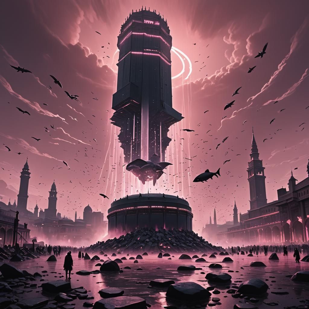 Giant Herring Over Wasteland in Surreal Style