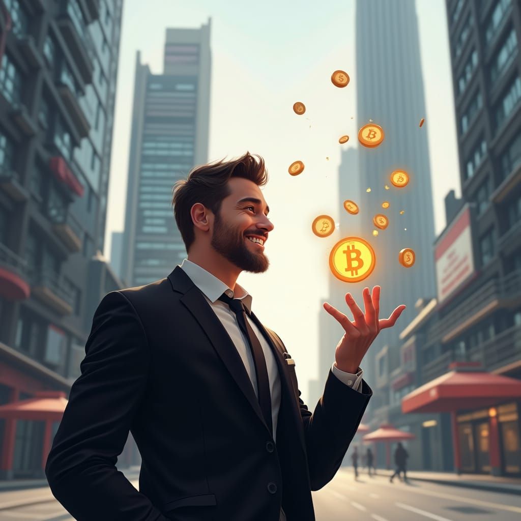 Businessman in Futuristic Street Scene with Levitating 8bit ...