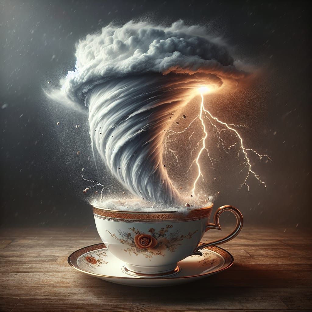 Hurricane Twister Rising from Teacup, Hyperrealistic Digital...