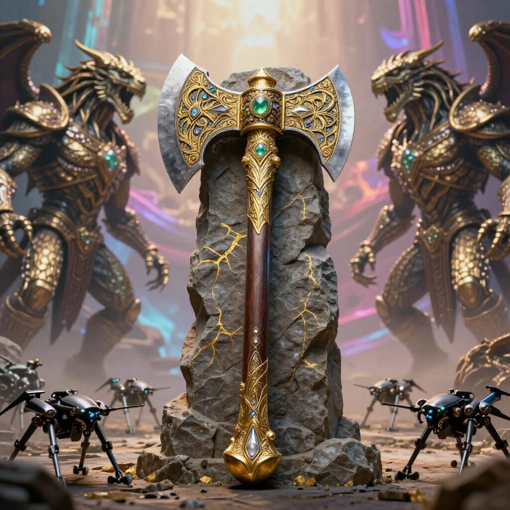Ancient Jeweled Axe Guarded by Mythical Beasts and Drones