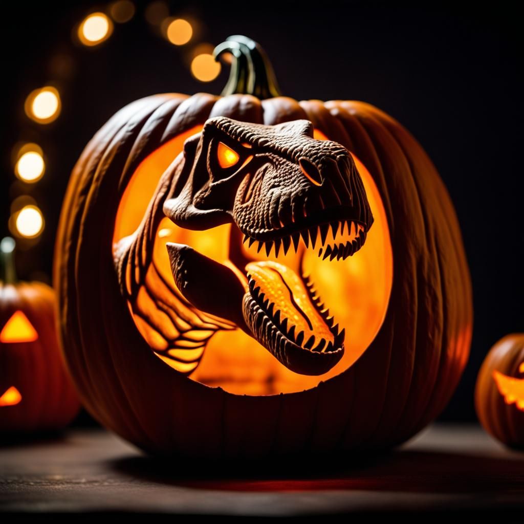 T-Rex carved in pumpkin