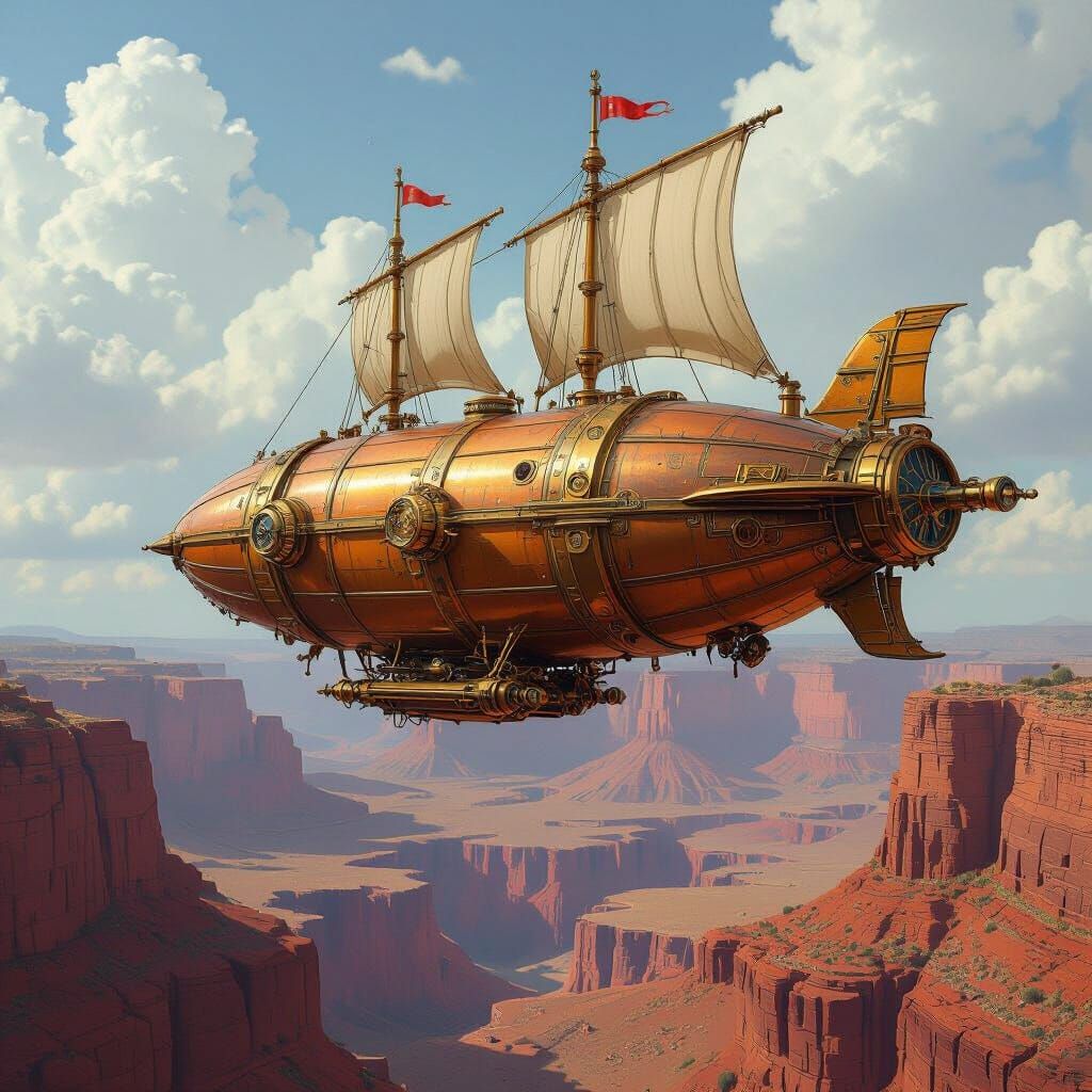 Steampunk Airship Over Grand Canyon Landscape