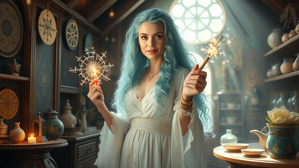Benevolent White Witch in Mystical Shop