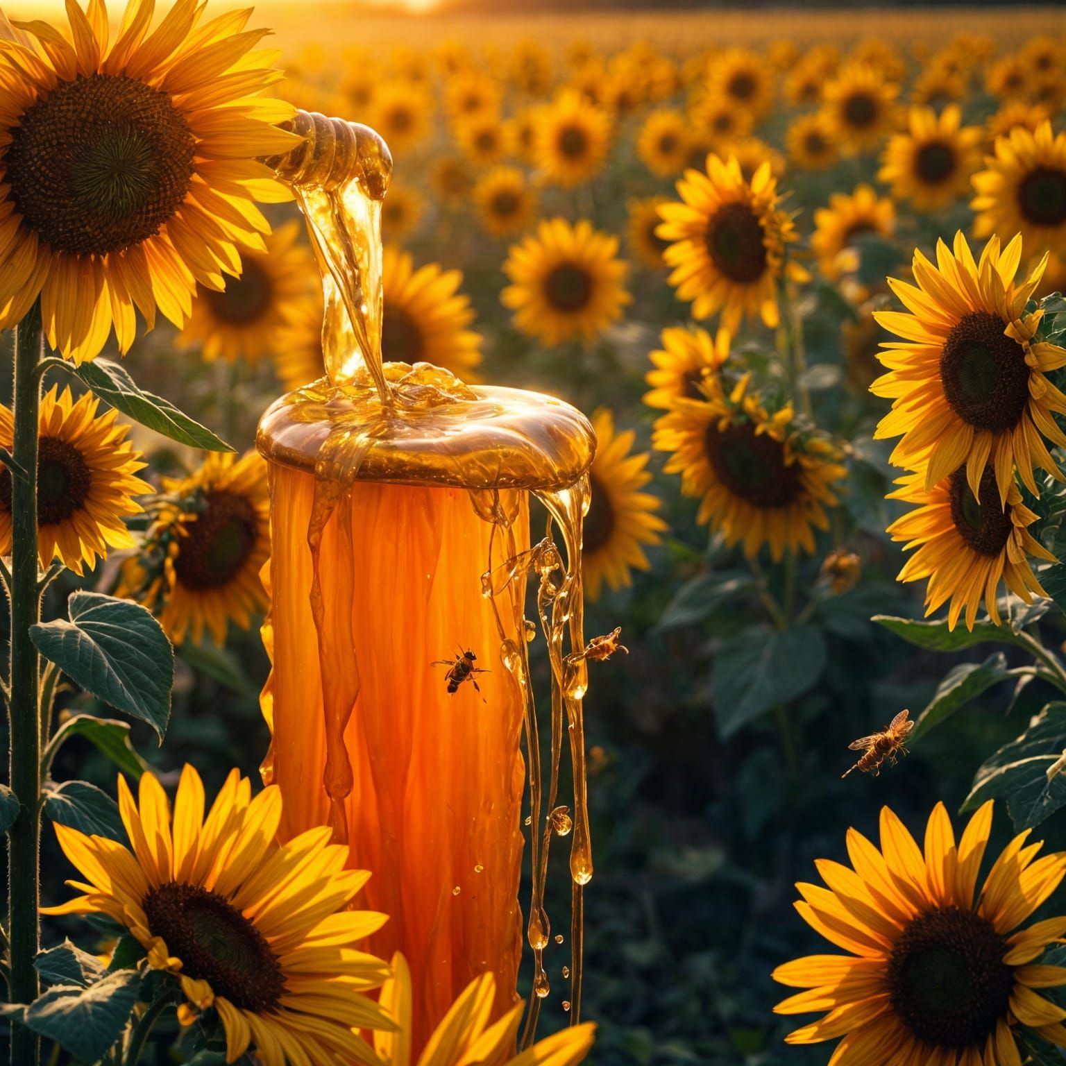 Honey Waterfall in Sunflower Field at Golden Hour