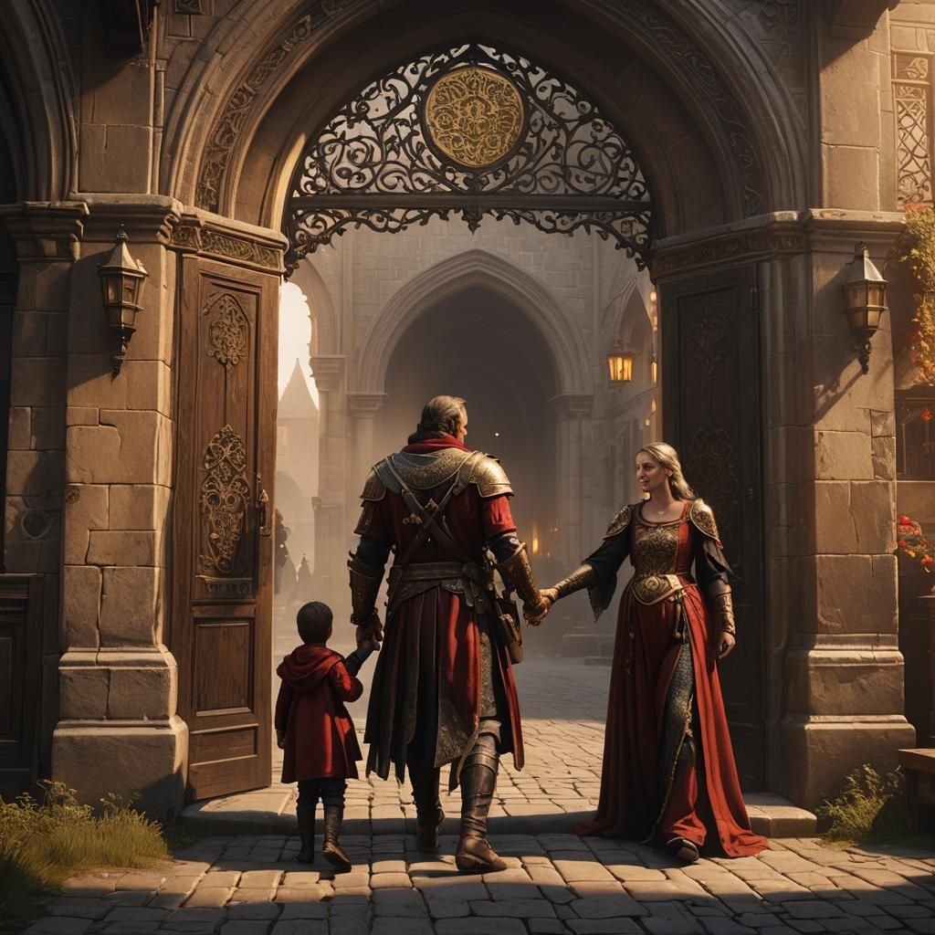 Medieval Farewell Scene in Dramatic Lighting