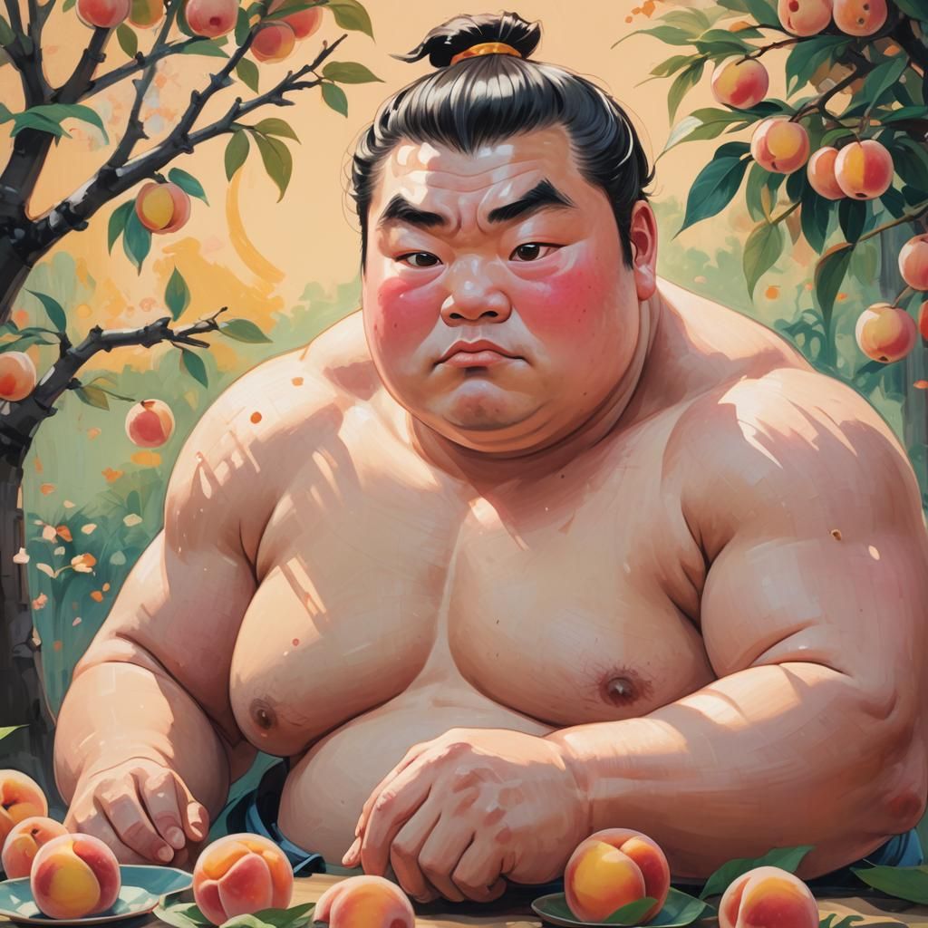 Cute Sumo Wrestler Eating Peaches in Anime Style