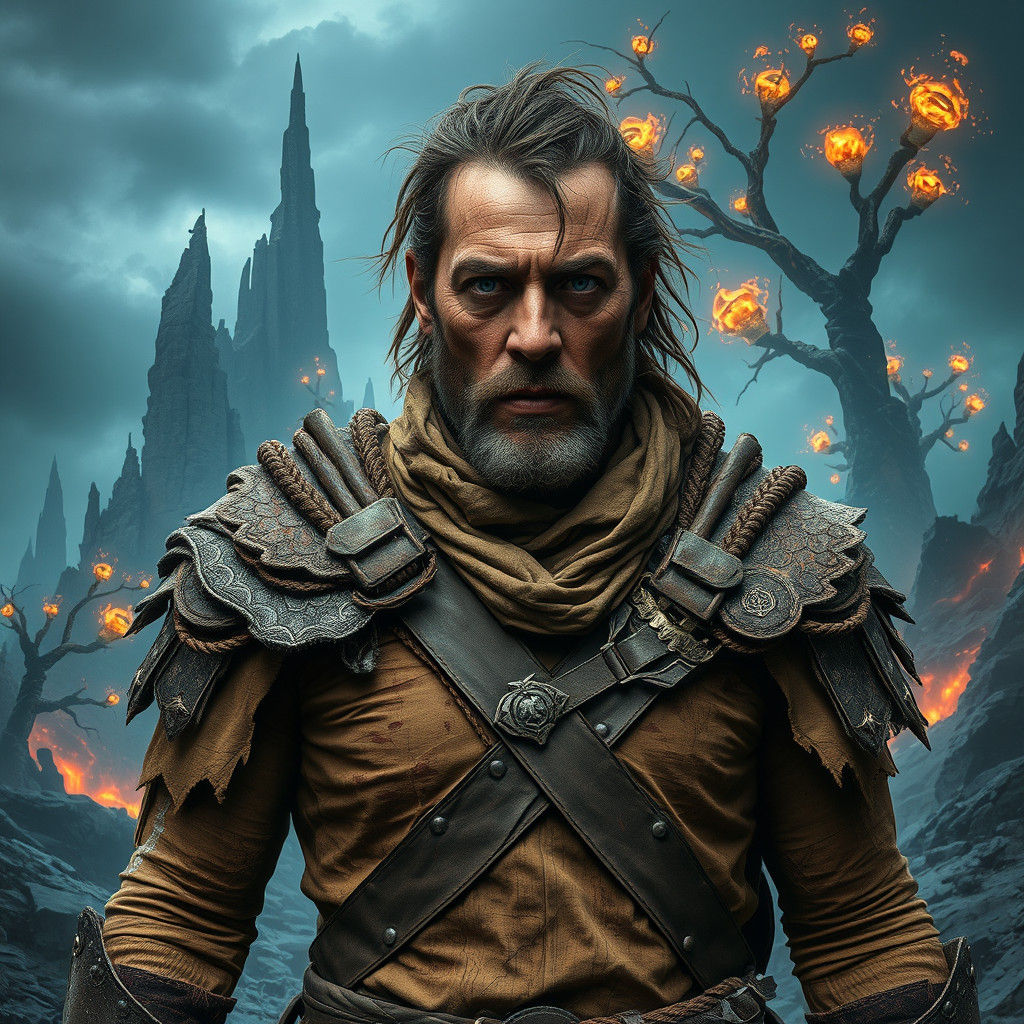 Warrior's Inner Turmoil in Mystical Landscape