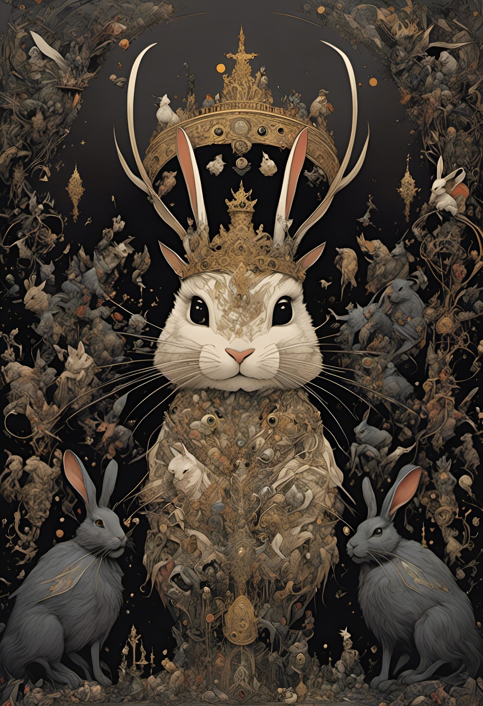 Royal Rabbit King in Ornate Crown, Detailed Illustration