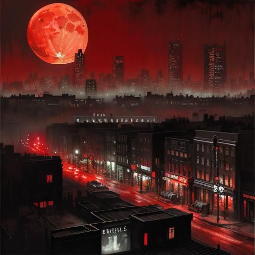 Blood Moon Over City at Night: Digital Art
