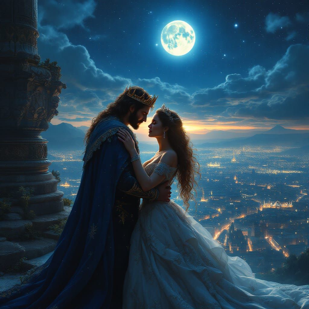Royal Couple Embraces Under Moonlight Cityscape
