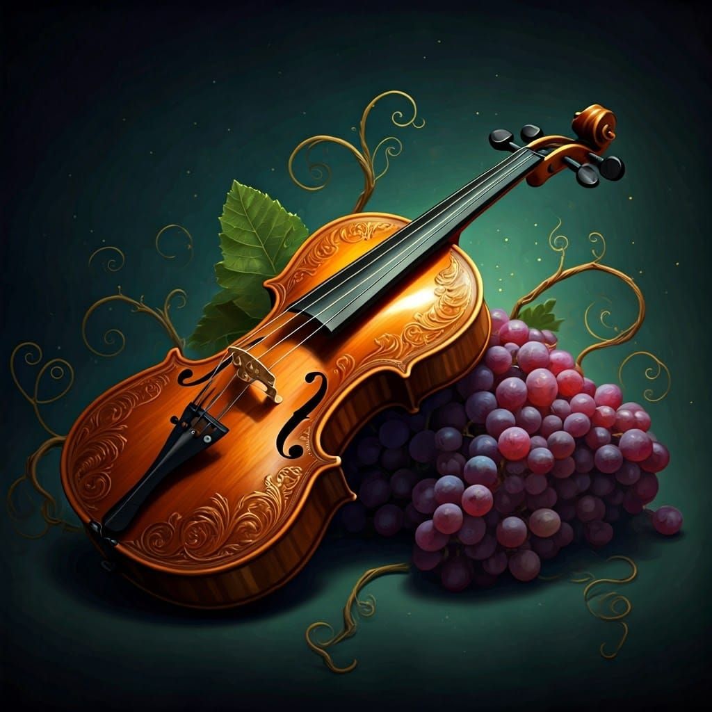 Elegant Violin Rests Amidst Vibrant Grapes in Ethereal Light