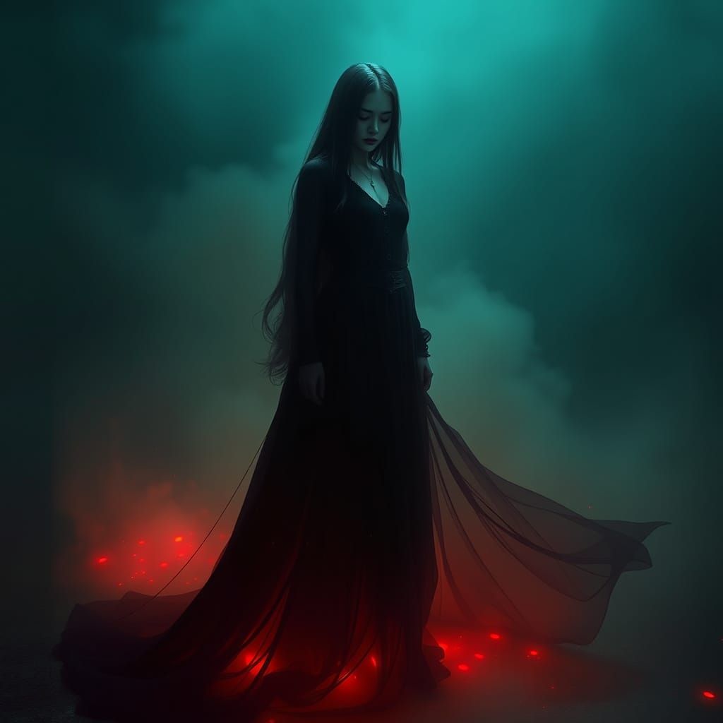 Mysterious Woman in Black Dress with Neon Aura