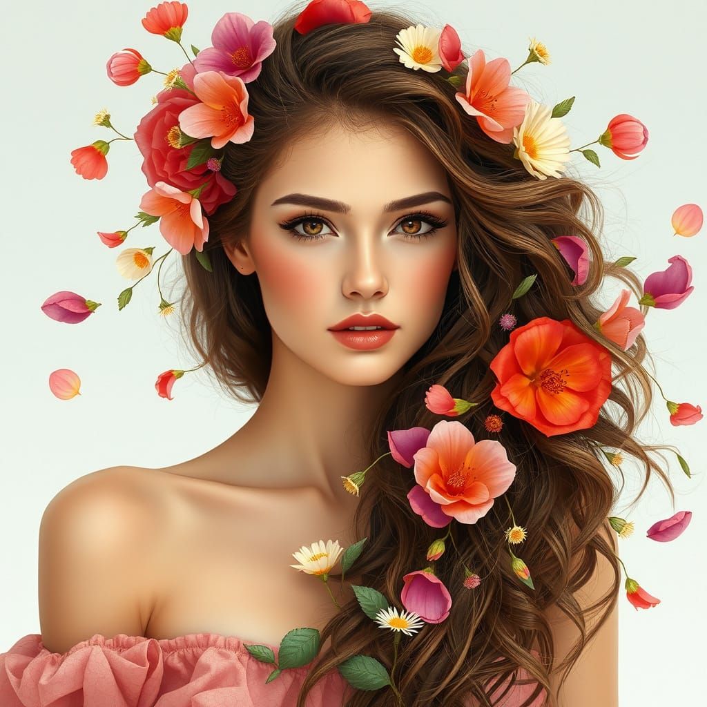 Floral Cascade: A Woman Adorned in Blossoms